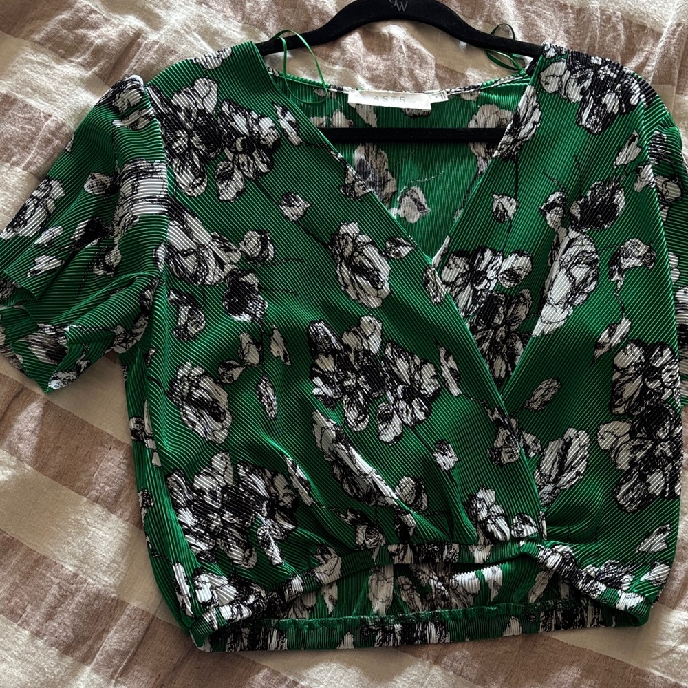 Astr Green Floral Wrap Blouse